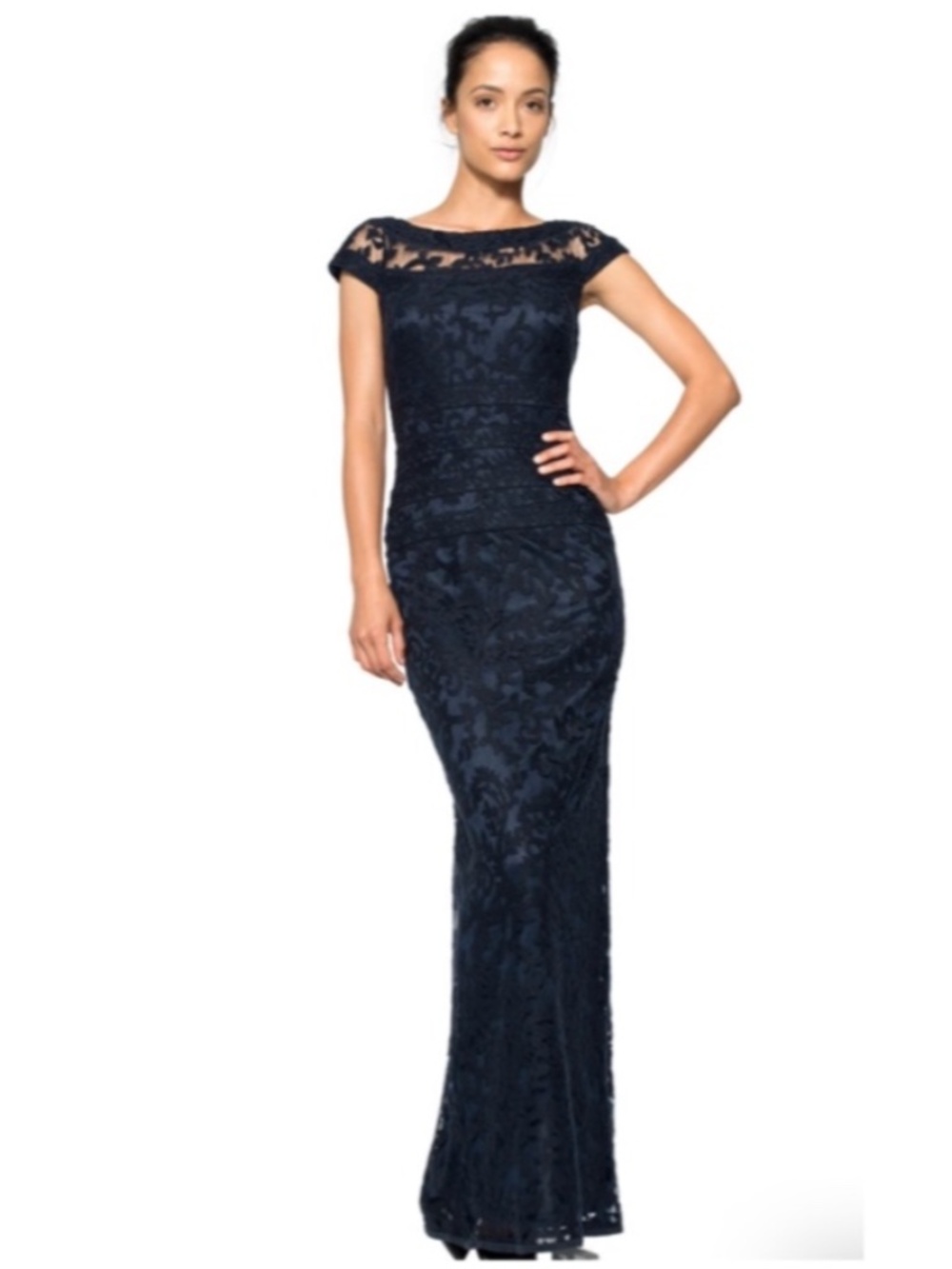 Tadashi Shoji Embroidered Banded Lace Gown Navy Blue Women's Size 4